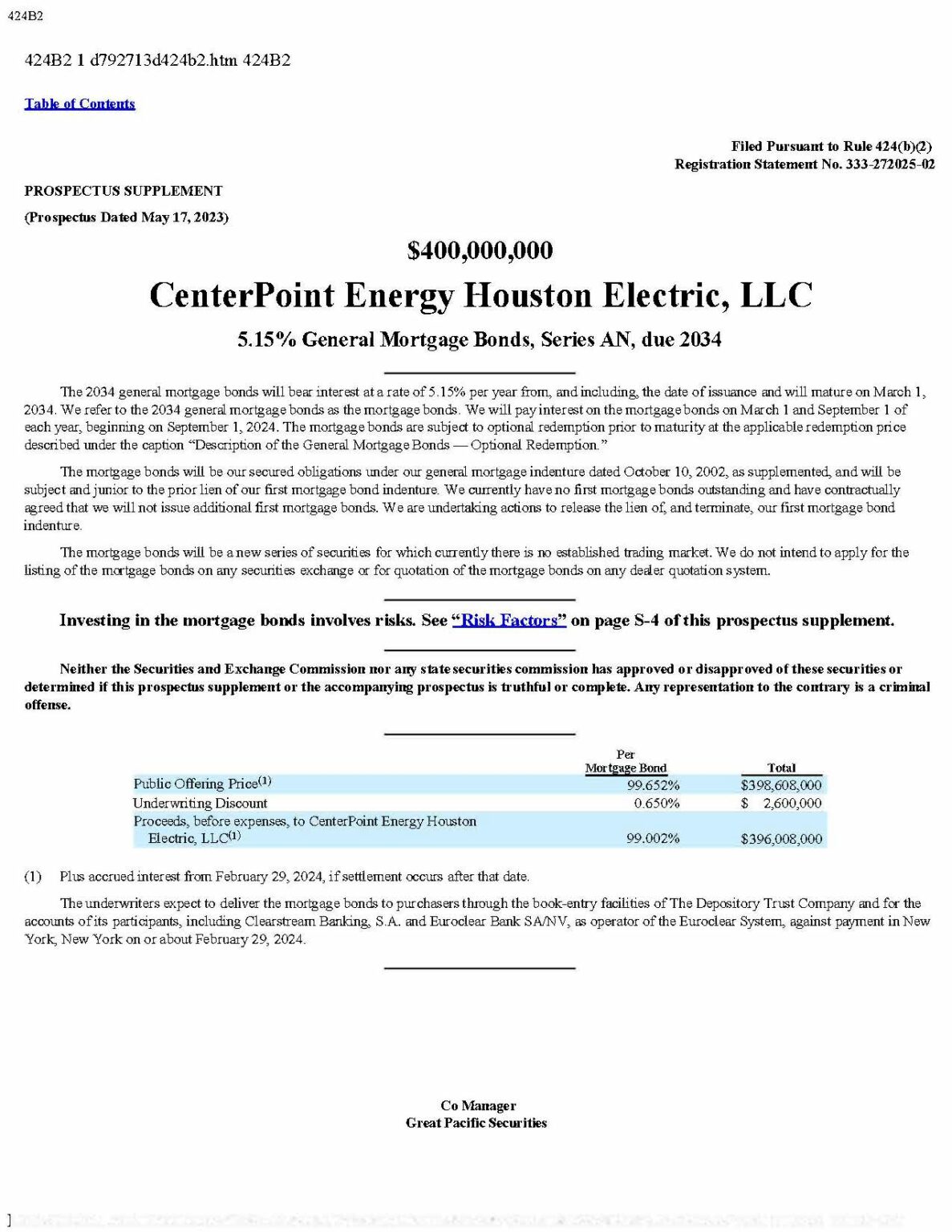 GPS CoManages 400 Million CenterPoint Energy Houston Electric, LLC